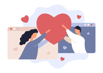 Online Date. Love Rendezvouz. Valentine's Day. Young Man and Woman Holding Heart. Girlfriend and Boyfriend. Couple, Hearts and Browsers, Vector Illustration