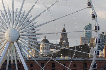 View through the Wheel of Liverpool to the Royal Liver Building, Liverpool, Merseyside, England, UK