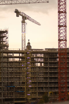 Construction Cranes And Liver Bird, Liverpool, Merseyside, England, UK