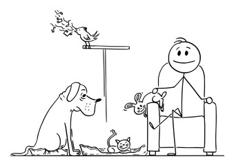 Happy man enjoying sitting in chair with his pets dog, bunny,bird and cat around, vector cartoon stick figure or character illustration.