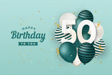 Happy 50th birthday with green balloons greeting card background. 50 years anniversary. 50th celebrating with confetti. Vector stock