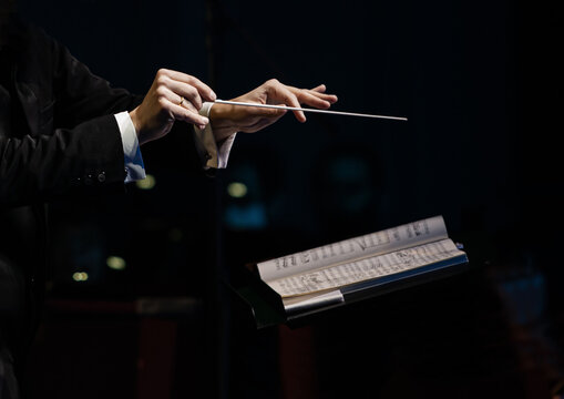 Hands of the conductor of a symphony orchestra closeup