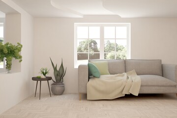 White living room with sofa. Scandinavian interior design. 3D illustration