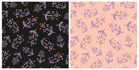 Heart flowers set, cropped seamless repeat pattern with background. Bundle of random placed, vector millefleurs all over prints.