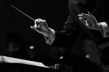  Hands of a conductor of a symphony orchestra close-up in black and white - obrazy, fototapety, plakaty