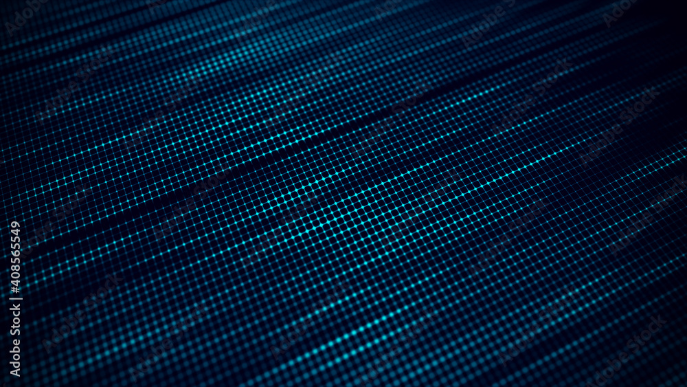 Leinwandbilder Blue perspective grid. Technology background. Connection lines and dots. Network connection structure. Big data. Futuristic blue space on black background.