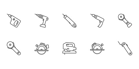 A simple set of vector icons on the theme of repair and construction. The tools presented are drill hammer drill screwdriver renovator jigsaw saw.