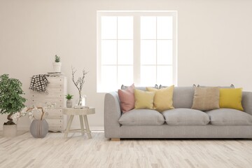 White living room with sofa. Scandinavian interior design. 3D illustration