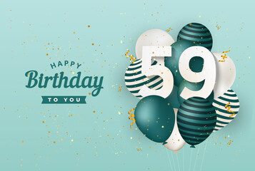 Happy 59th birthday with green balloons greeting card background. 59 years anniversary. 59th celebrating with confetti. Vector stock
