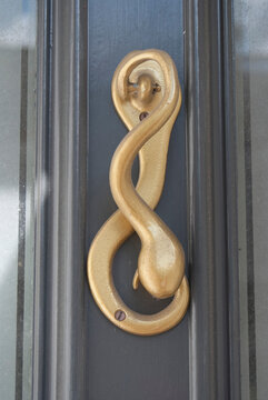 A gold door knocker on a brown panel door, of a residential house.
