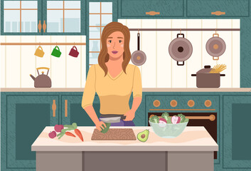 A young woman is cooking in the kitchen. The girl cuts the avocado. Morning routine concept. The cat looks at the person. Female character preparing healthy salad for breakfast vector illustration