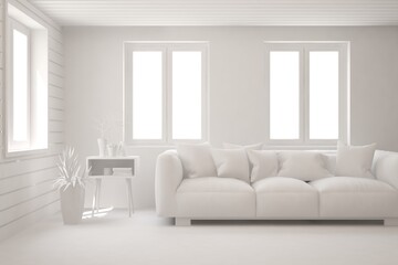 White minimalist living room with sofa. Scandinavian interior design. 3D illustration