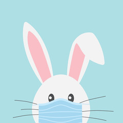 funny easter bunny with face mask, celebration holidays during coronavirus pandemic, protective measures- vector illustration