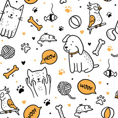 Pets cats and dogs seamless pattern in doodle style. Linear vector animal icons
