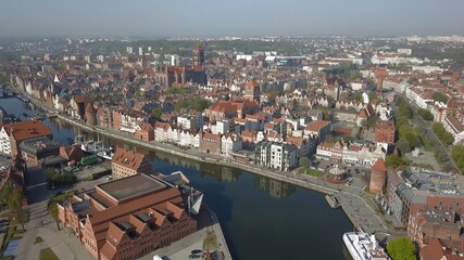 Fototapeta premium Aerial of Gdansk Old Town Houses Churches River and Cathedral