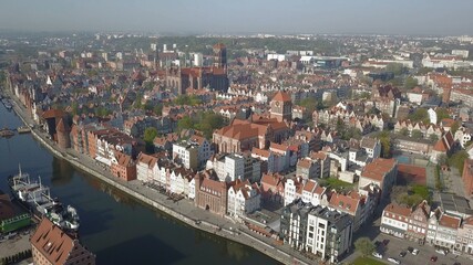 Aerial of Gdansk Old Town Houses Churches River and Cathedral