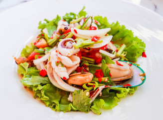 Closeup Thai spicy and sour seafood salad