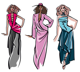 Collection of vector fashion illustrations of figures of attractive model girls, in pink and blue colors.