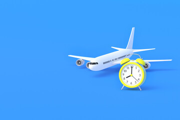 Passenger plane and alarm clock. Time of arrival, departure. Flight delay. Urgent business flight. Last minute ticket. Copy space. 3d rendering