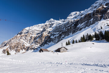 Fototapeta na wymiar Alpenpanorama auf der Schwägalp mit Säntis im Winter, Kanton Appenzell-Ausserrhoden, Schweiz 