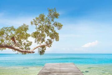 The wooden bridge leads to the calm sea.horizontal image.