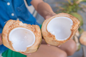 Coconut cut on Asian women hands.Pure white Coconut meat inside a coconut.