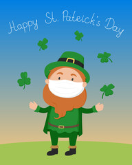 St. Patrick's Day card. Leprechaun in protective mask. Vector illustration.
