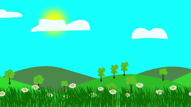 Cartoon Landscape, Spring season animation with flowers, Flat design