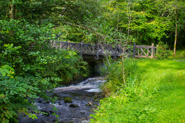 Fototapeta na wymiar The small fast flowing river and falls at the Glencar waterfall that flows into Glencar Lough in County Leitrim in the north west of Ireland 