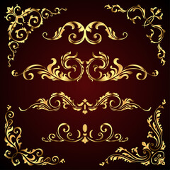 Victorian set of golden ornate page decor elements like banners, frames, dividers, ornaments and patterns on dark background. Gold calligraphic swirls