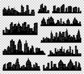 City silhouette set. Panorama background. Skyline urban border collection. Buildings with windows