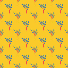 Bright contrast seamless pattern with blue colored leaf branches shapes. Yellow background. Doodle print.