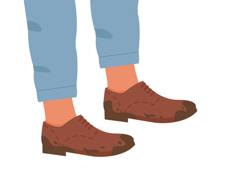 Woman or man in brown color flat sole trendy brogue, oxford or derby dirty shoes. Male or female legs in stylish comfortable leather unclean footwear. Concept of muddy boots. Vector flat illustration.