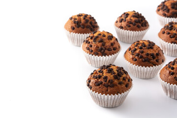 Just baked chocolate muffins isolated on white background. Copy space