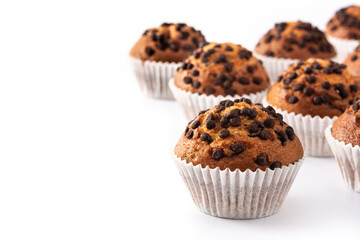 Just baked chocolate muffins isolated on white background. Copy space