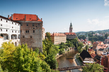 Fototapeta na wymiar View of the medieval town of Cesky Krumlov with Krumlov Castle, city blocks and the Vltava River. Czech Republic