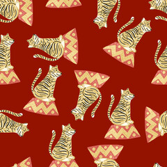 Bright zoo seamless pattern with cartoon tiger creative backdrop. Red dark background. Animal artwork.