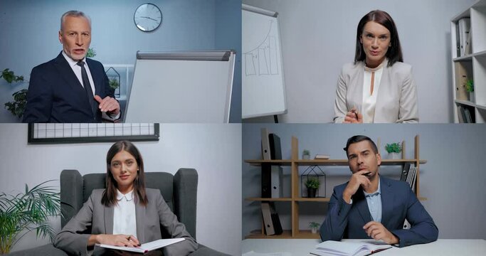 Businessman writing on flipchart and colleagues with notebooks in skype