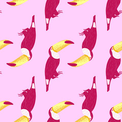 Hand drawn bright pink toucan shapes seamless pattern. Light pink background. Simple exotic print.