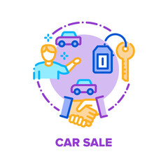 Car Sale And Buy Vector Icon Concept. Car Selling Deal Customer With Dealer In Dealership Office, Happy Client Owner Getting Keys From New Vehicle. Transport Market Color Illustration