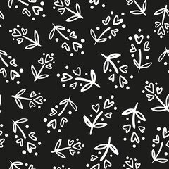 Random placed heart shaped floral vector elements with dots cropped seamless pattern with black background.