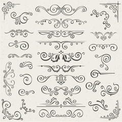 set of Swirl Elements for design. Calligraphic page decoration, Labels, banners, antique and baroque Frames floral ornaments. Old paper