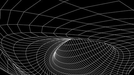 Futuristic black funnel. Wireframe space travel tunnel. Abstract blue wormhole with surface warp. Vector illustration.
