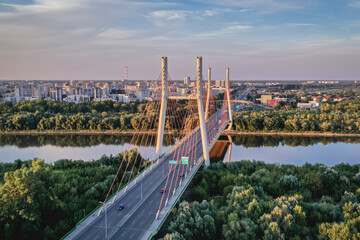 Drone photo of Siekierkowski Bridge in Warsaw capital city, Poland