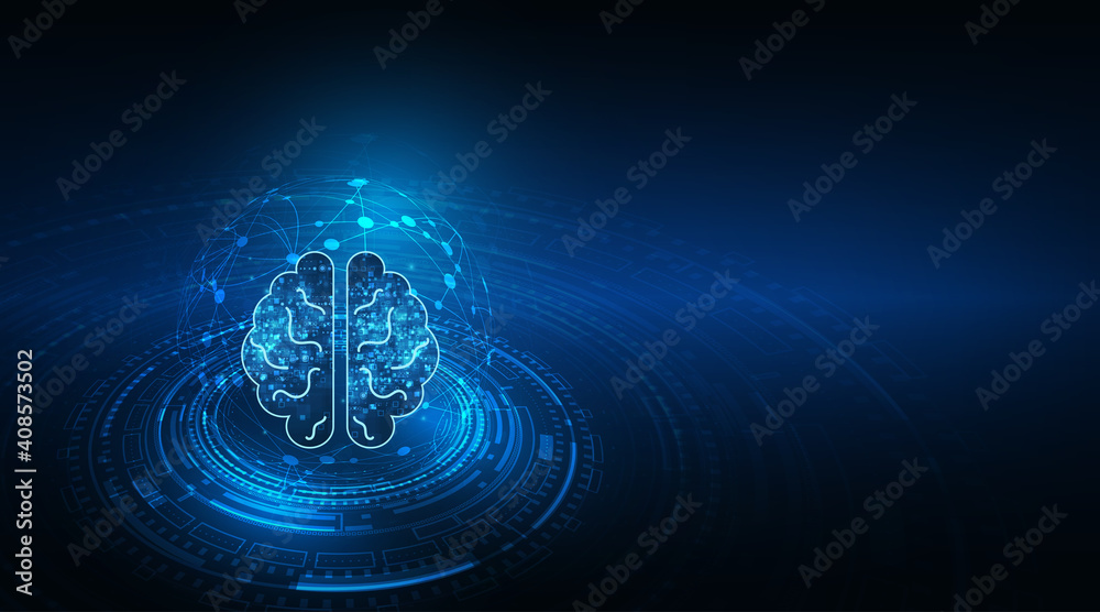 Poster technology artificial intelligence (ai) brain animation digital data concept. big data flow analysis