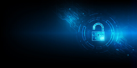Cyber security concept. Shield With Keyhole icon on digital data background. Illustrates cyber data security or information privacy idea. Blue abstract hi speed internet technology.