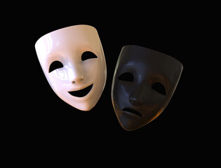 Black and white theatre masks, drama and comedy on a dark background. 3D image.