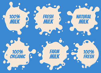 Milk Logo and Labels Designs with Lettering Set. Splashes