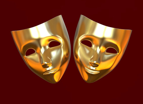 Golden theatre masks, drama and comedy on a red background. 3D image.