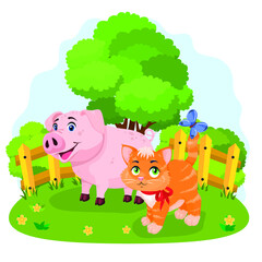 A funny farm, cute pets in the village, a pig and a ginger kitten on a background of trees, a lawn and a wooden fence